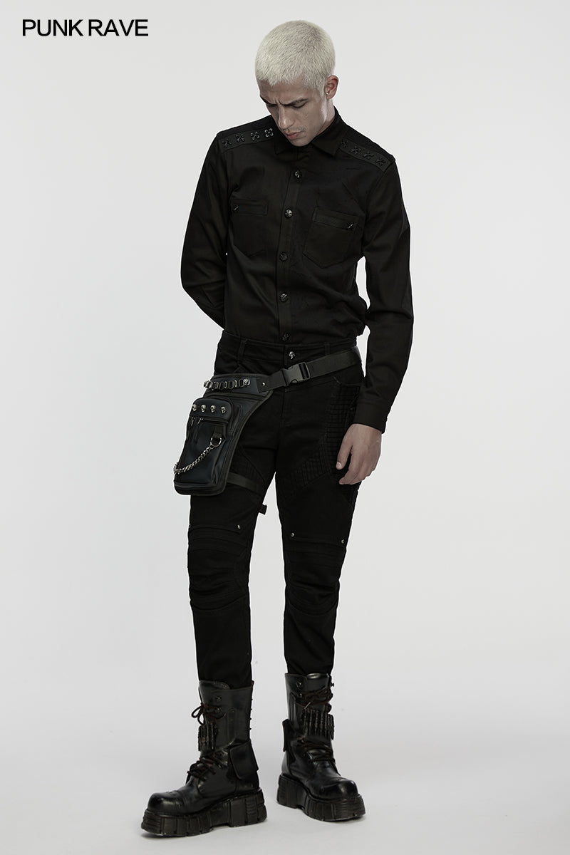 Multi-pocket design of the Punk Rave Cyberpunk Waist-Leg Bag illustrated in a dynamic angle, featuring chunky chain detailing for a bold urban statement.