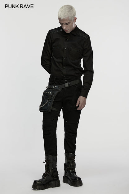 Multi-pocket design of the Punk Rave Cyberpunk Waist-Leg Bag illustrated in a dynamic angle, featuring chunky chain detailing for a bold urban statement.