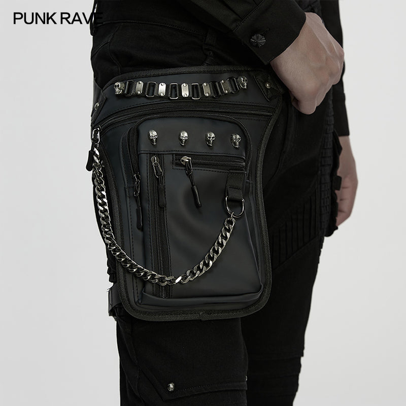 Stylish model showcasing the Punk Rave Cyberpunk Bag, highlighting its rebellious design and adjustable thigh straps for a personalised fit in a post-apocalyptic look.
