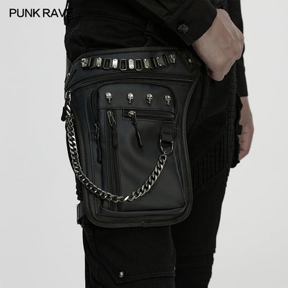 Stylish model showcasing the Punk Rave Cyberpunk Bag, highlighting its rebellious design and adjustable thigh straps for a personalised fit in a post-apocalyptic look.