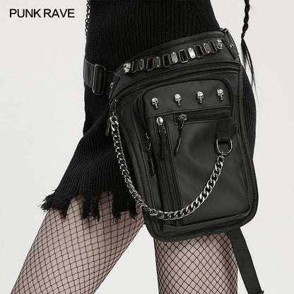Close-up view of the Punk Rave Cyberpunk Waist-Leg Bag showcasing exquisite craftsmanship in eco-friendly artificial leather with multiple zippers for practical storage.