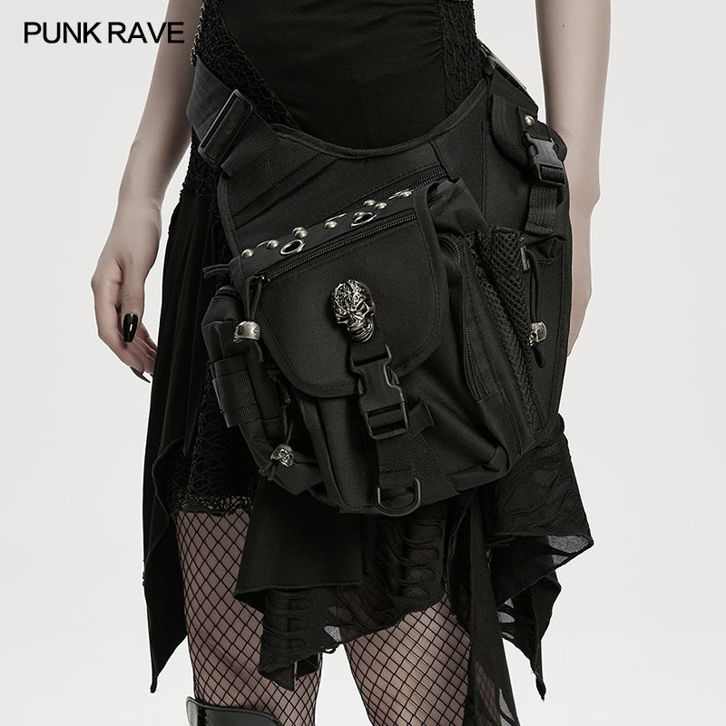 Stylish tactical goth leg bag with unique skull emblems, crafted from durable material, designed for everyday use or festival adventures.