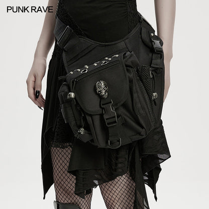 Stylish tactical goth leg bag with unique skull emblems, crafted from durable material, designed for everyday use or festival adventures.