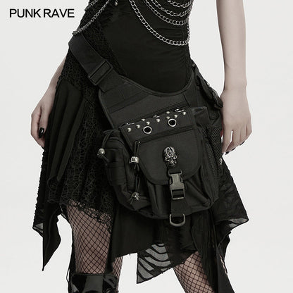 Elegant Punk Rave tactical goth canvas skull leg bag, showcasing intricate skull detailing and heavy-duty construction, ideal for festival and urban wear.