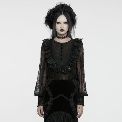 Punk Rave Demille Blouse styled with a chic outfit, featuring its stunning lace mesh design and fashionable silhouette.