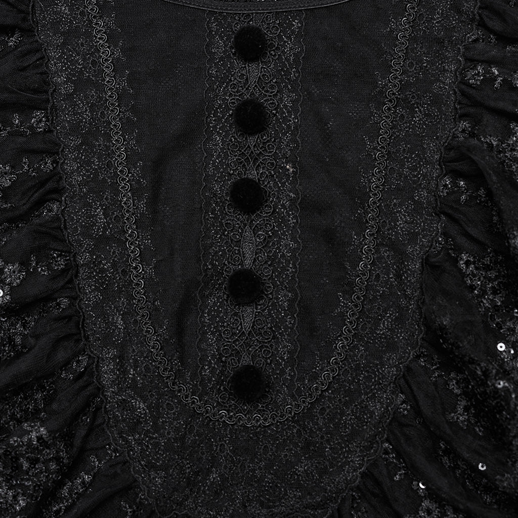 Back view of the Punk Rave Demille Sequinned Lace Blouse, showcasing the luxurious fabric and unique button details that enhance its elegance.