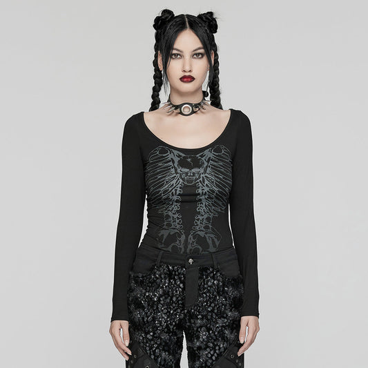 Close-up view of the Punk Rave Anatolia Long Sleeve Top showcasing the stunning skull and ribcage print, complemented by a distinctive backbone chain embellishment.