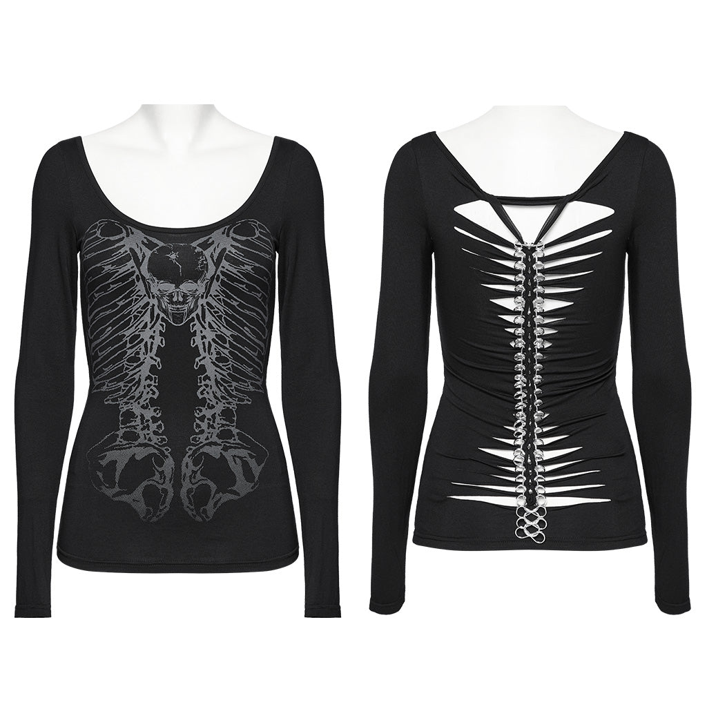 Punk Rave Anatolia Skull Print Long Sleeve Top featuring an intricate ribcage design and unique backbone chain detail, embodying edgy luxury fashion.