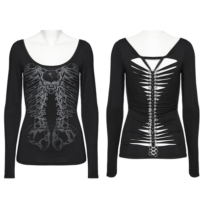 Punk Rave Anatolia Skull Print Long Sleeve Top featuring an intricate ribcage design and unique backbone chain detail, embodying edgy luxury fashion.