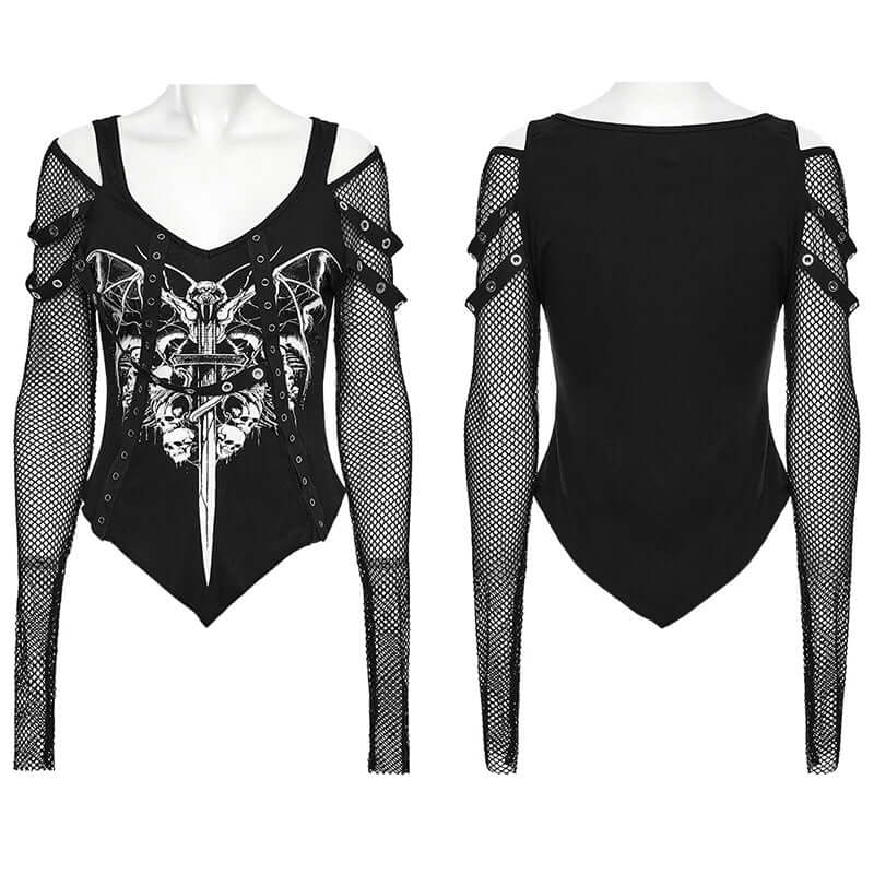 Back view of the Punk Rave Vonda t-shirt, demonstrating the decorative eyelet loops and snap closures that enhance its layered aesthetic.