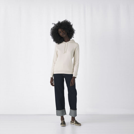 Luxury women's organic essential hoodie crafted from 80% organic cotton in vibrant blue, eco-friendly fashion.