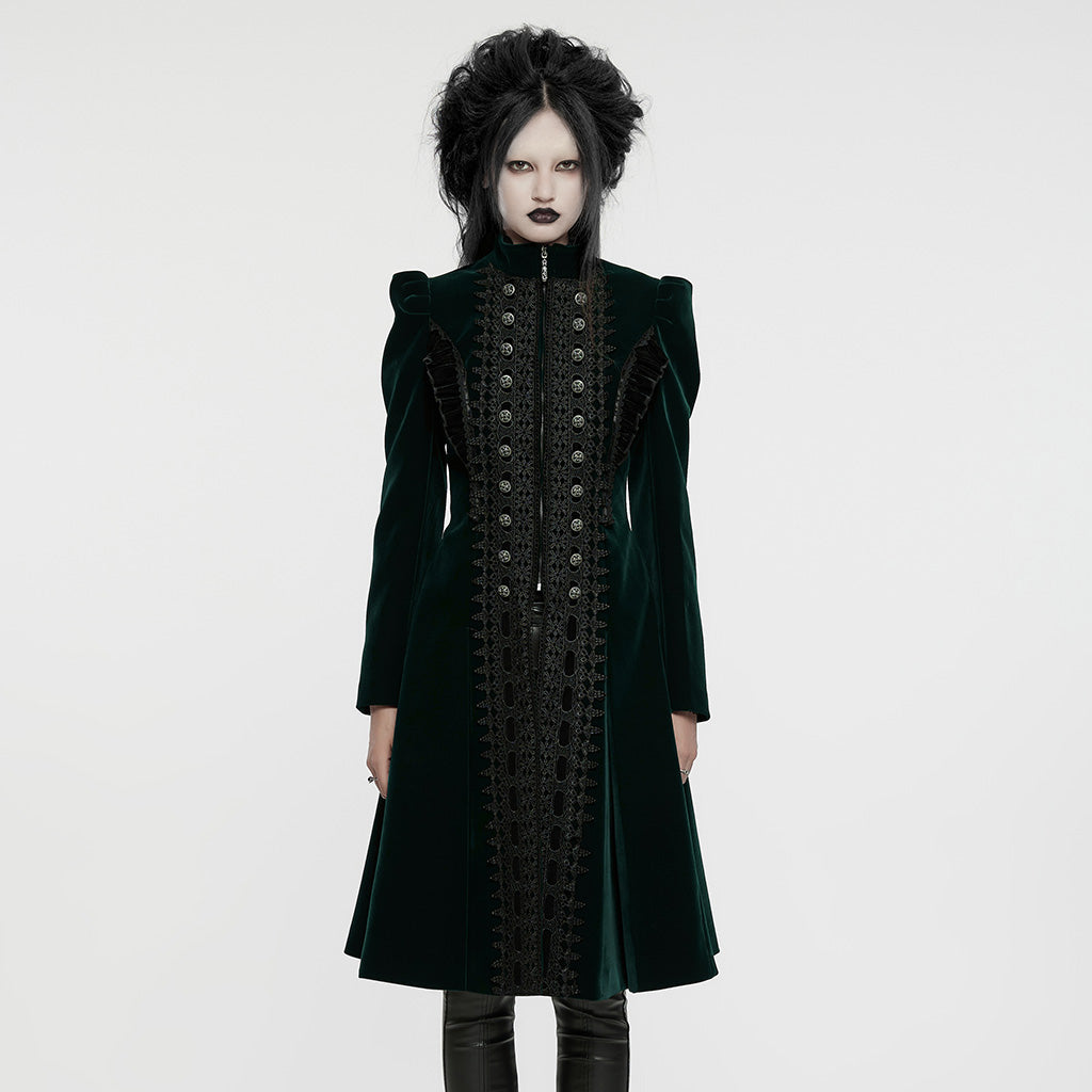 Full view of the Punk Rave Aviara coat in dark green velvet, showcasing the dramatic Gothic style and luxurious texture, perfect for dark fashion enthusiasts.
