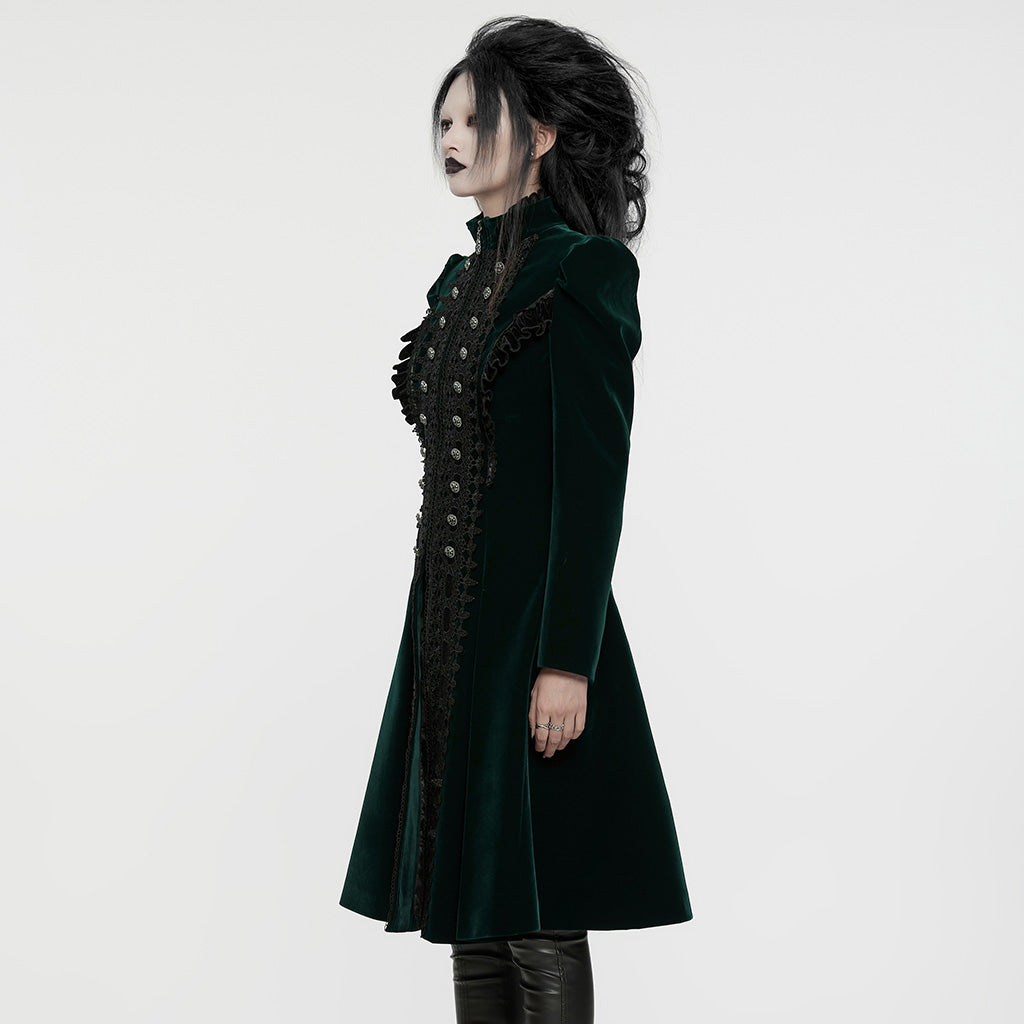 Luxurious dark green velvet coat by Punk Rave featuring Gothic lace accents, ruffle edges, and a flared silhouette, perfect for dramatic gothic fashion.