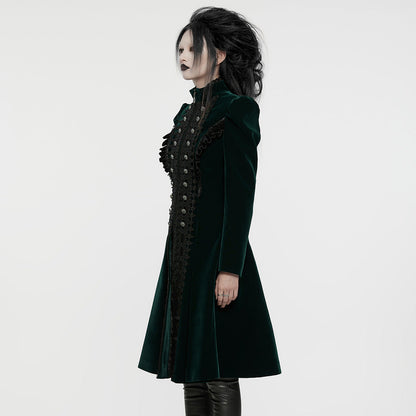 Luxurious dark green velvet coat by Punk Rave featuring Gothic lace accents, ruffle edges, and a flared silhouette, perfect for dramatic gothic fashion.