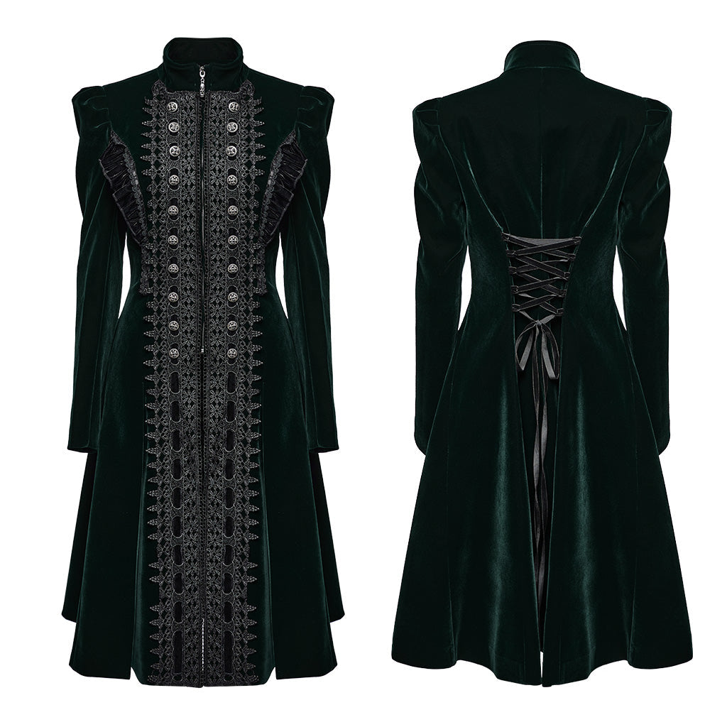 Luxurious dark green velvet coat by Punk Rave, featuring intricate Gothic lace details and ruffle edges, designed for a dramatic flared silhouette.