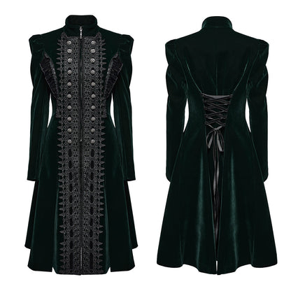 Luxurious dark green velvet coat by Punk Rave, featuring intricate Gothic lace details and ruffle edges, designed for a dramatic flared silhouette.