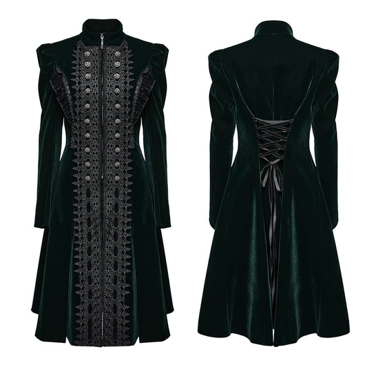 Luxurious dark green velvet coat by Punk Rave, featuring intricate Gothic lace details and ruffle edges, designed for a dramatic flared silhouette.