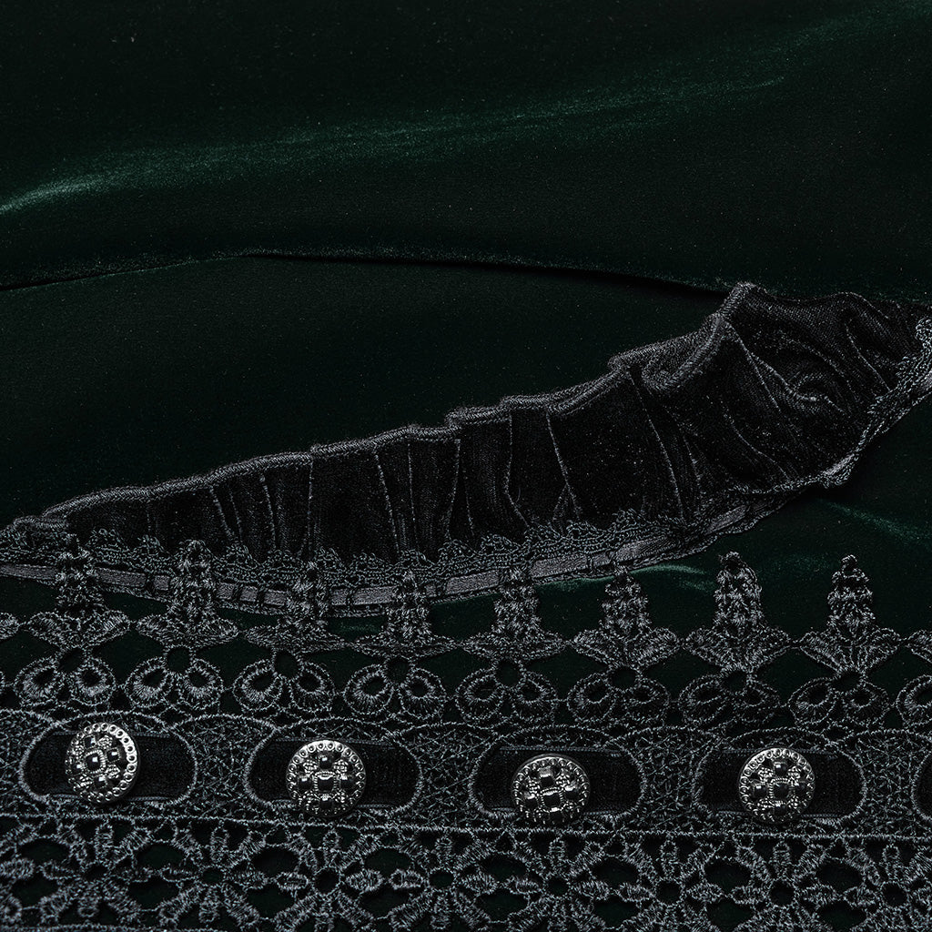 Luxurious dark green velvet coat by Punk Rave, featuring Gothic lace details and elegant ruffle edges for a dramatic flared silhouette.