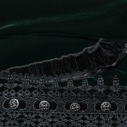 Luxurious dark green velvet coat by Punk Rave, featuring Gothic lace details and elegant ruffle edges for a dramatic flared silhouette.