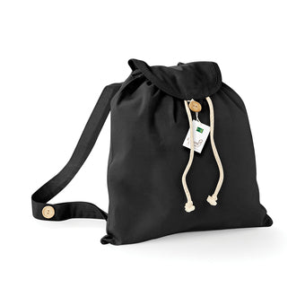 Stylish Organic Cotton Festival Backpack with wooden buttons and a drawcord closure, perfect for eco-conscious fashion enthusiasts.