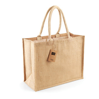Elegant laminated jute shopping bag in a stylish design, featuring cotton handles. Ideal for eco-friendly shopping with a spacious capacity of 21 litres, dimensions of 42x33x19cm, available in eight exquisite colours.