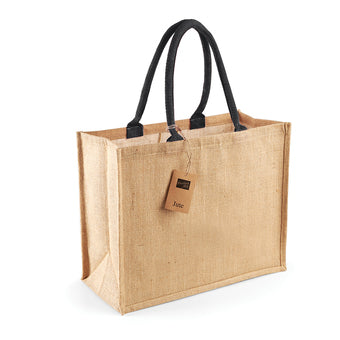 Chic laminated jute shopping bag showcasing vibrant colour options, designed with durable cotton handles for comfort. Perfect for sustainable shopping, dimensions 42x33x19cm and a generous 21-litre capacity.