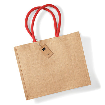 Stylish laminated jute shopping bag with cotton handles in a trendy green shade, perfect for eco-conscious and fashionable shoppers.