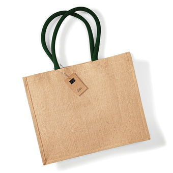 Elegant laminated jute shopping bag with comfortable cotton handles in a lovely neutral beige, an essential accessory for luxurious shopping.
