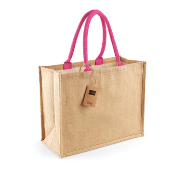 Chic laminated jute shopping bag featuring cotton handles in a vibrant red hue, designed for both functionality and style.