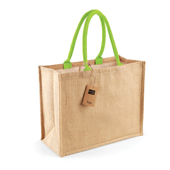 Sophisticated laminated jute shopping bag with durable cotton handles, showcased in a classic black, ideal for any shopping excursion.