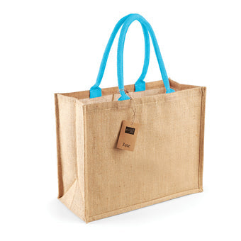 Luxurious laminated jute shopping bag with cotton handles in an elegant dark blue shade, perfect for stylish shopping trips.