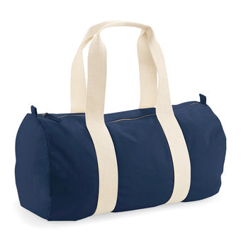 Luxury Organic Cotton Barrel Bag showcasing premium heavyweight fabric with zippered closure and durable carry handles, dimensions 50x25x25cm, ideal for stylish storage.