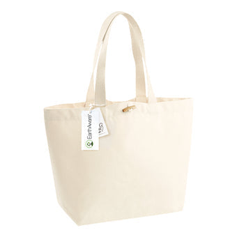 Luxury Earthaware Organic Marina Tote Bag, eco-friendly cotton, showcasing premium heavyweight fabric and natural wooden toggle closure, perfect for eco-conscious fashion.