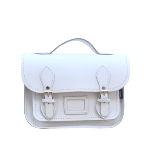 Luxurious Handmade White Leather Midi Satchel featuring a minimalist design, nickel silver buckles and a sleek silhouette.