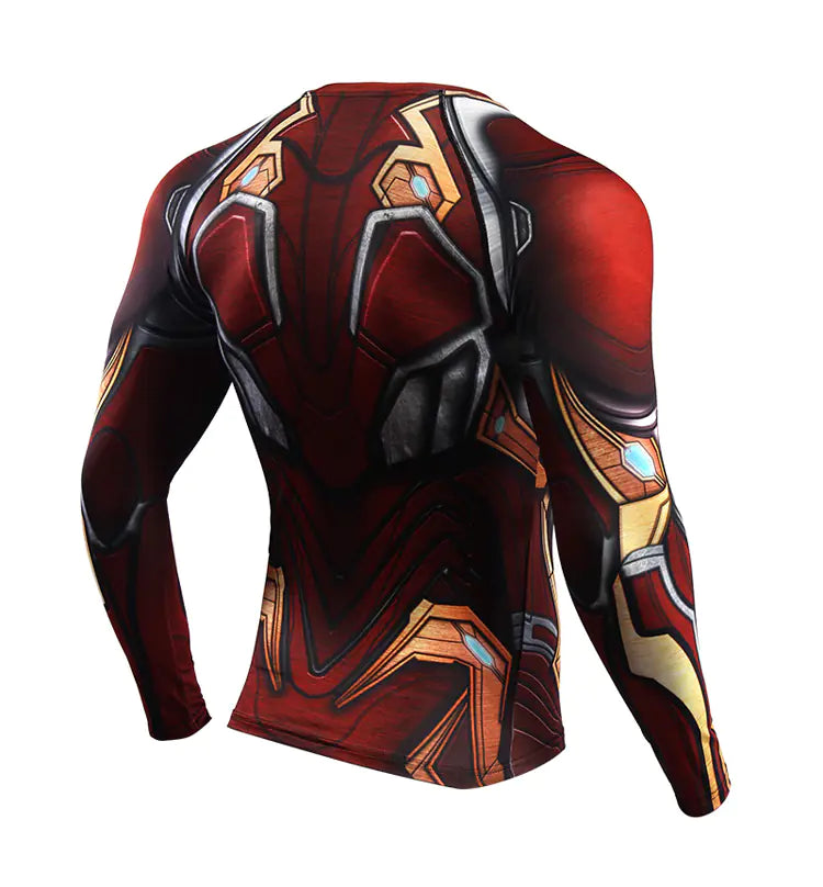 Close-up of the back of the Iron Man Compression T-Shirt, highlighting the exquisite detailing and vibrant colours for a striking appearance.