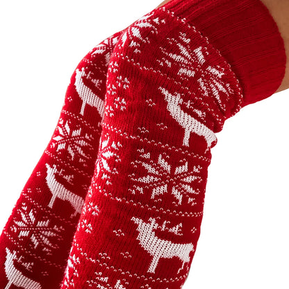 Detailed close-up of red Sexy reindeer Stockings, highlighting the exquisite snowflake and reindeer patterns, perfect for a luxurious festive look.