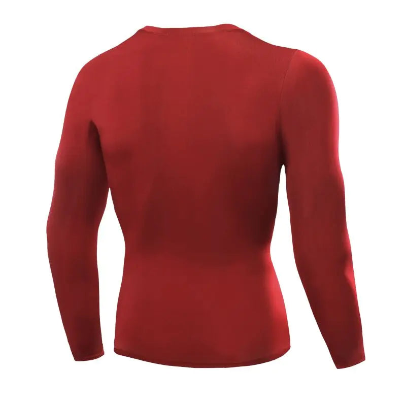Rear view of a luxurious men's athletic compression shirt in vibrant red, tailored for comfort during intense workouts.