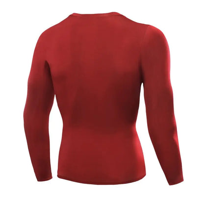 Rear view of a luxurious men's athletic compression shirt in vibrant red, tailored for comfort during intense workouts.