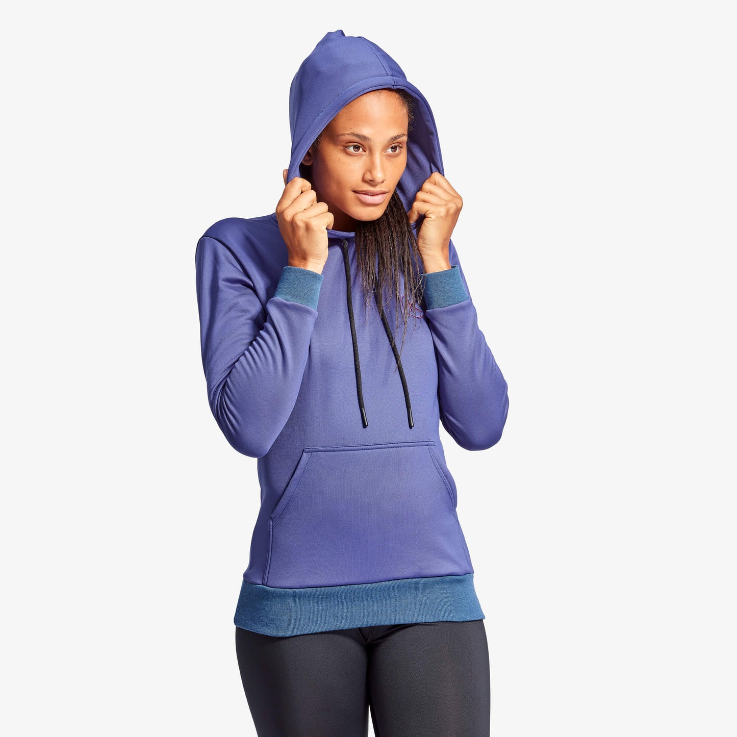 KYMIRA Women's Infrared Gym Hoodie in Grey & Blue, highlighting fitted cuffs and a large front pocket, ideal for fashion-forward fitness enthusiasts.