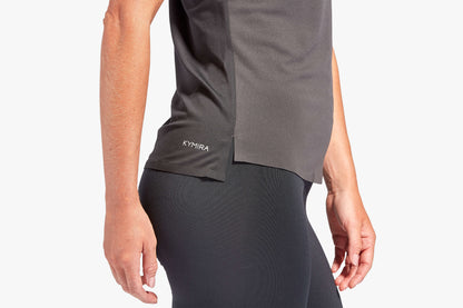 KYMIRA Women's breathable workout t-shirt showcasing seamless neck and pleated back for enhanced flexibility and style.