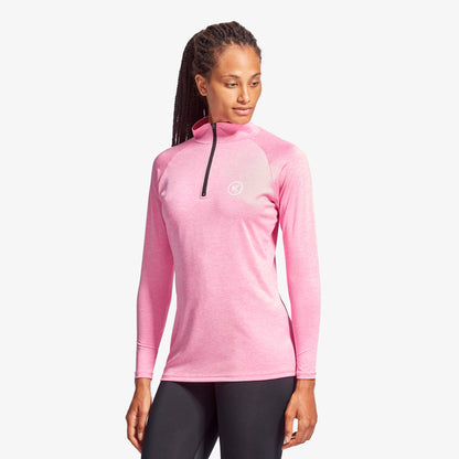 High neck collar detail of KYMIRA Women's Infrared 1/4 Zip Long Sleeve Top, blending elegance with functionality.