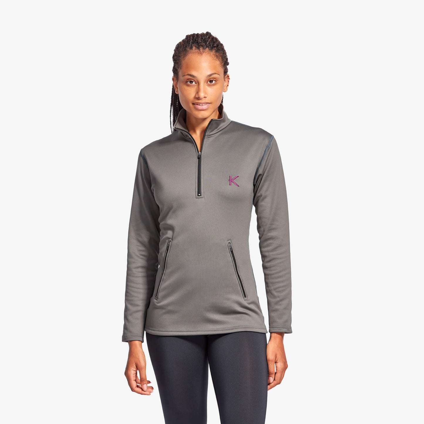 Luxurious women's infrared half zip fleece from KYMIRA, designed for optimal warmth and recovery with KYnergy technology, featuring a stylish brushed inner fleece and zip lock neck for temperature control.