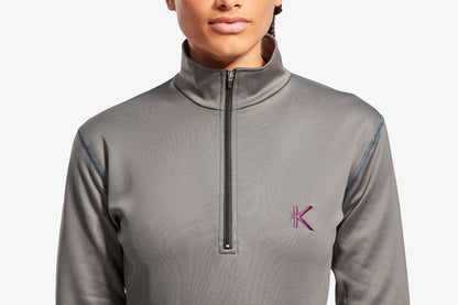Close-up of luxurious half zip fleece collar by KYMIRA, featuring exceptional warmth and stylish fit for women's activewear.
