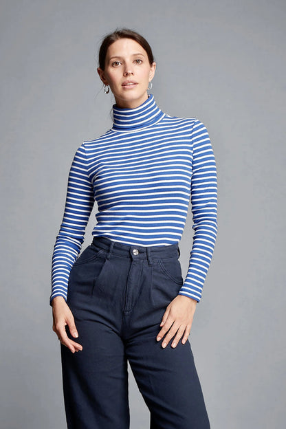 Luxury women's long sleeve striped cotton roll neck top in a stylish design, perfect for layering and versatile wear.