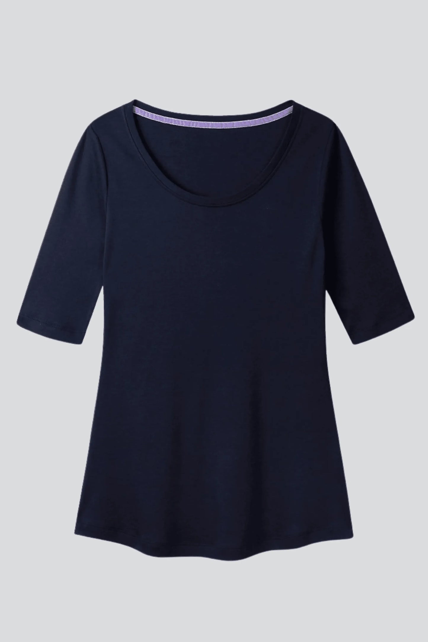 Chic women's half sleeve scoop neck t-shirt displayed on a model, demonstrating effortless style for casual outings and workdays.