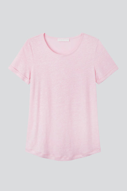 Breathable and lightweight women's linen t-shirt, elegantly styled for warm weather.