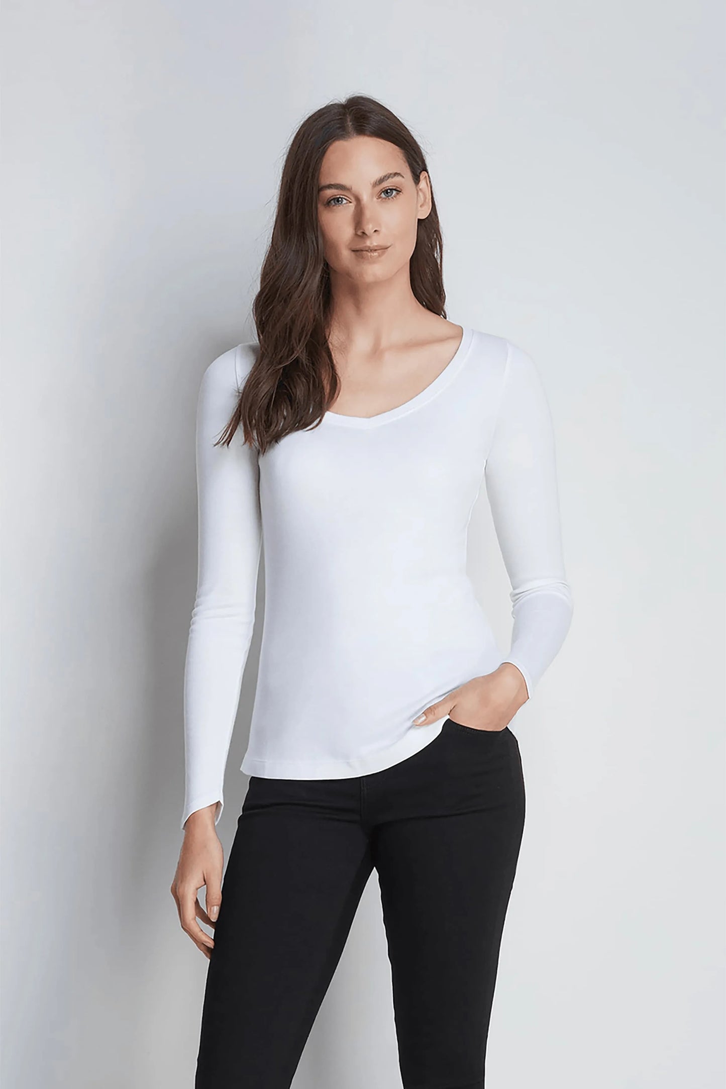 Close-up view of women's long sleeve V-neck t-shirt fabric, showcasing the premium cotton-modal blend for ultimate comfort and breathability.
