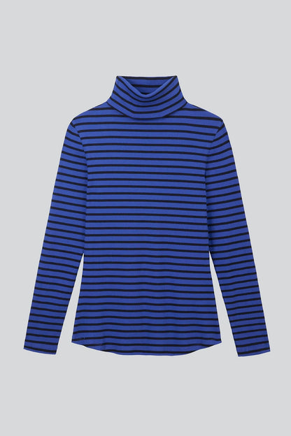 Women's Striped Long Sleeve Cotton Roll Neck Top in a stylish setting, highlighting its sophistication and comfort for transitional weather.
