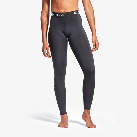 Luxury women's KYMIRA infrared performance leggings featuring a zip pocket, designed for comfort and support during workouts. Available in sizes XS to XL.