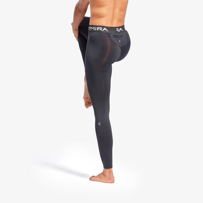 Detail view of KYMIRA Women's performance leggings featuring flatlock stitching and breathable fabric, designed for elite athletic experiences.